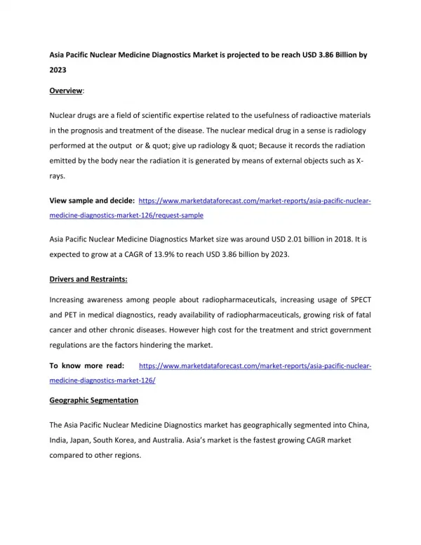 Asia Pacific Nuclear Medicine Diagnostics Market quickly expanding to reach USD 3.86 billion by 2018-2023