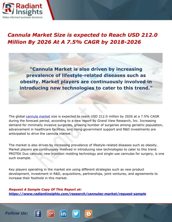 Cannula Market Size is expected to Reach USD 212.0 Million By 2026 At A 7.5% CAGR by 2018-2026