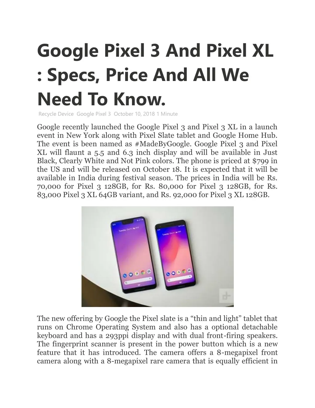 google pixel 3 and pixel xl specs price