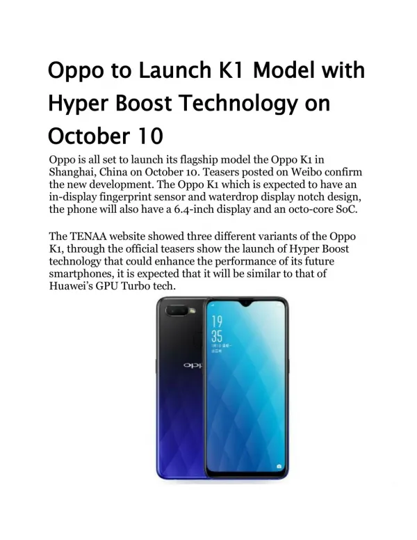 Oppo to launch K1 model with Hyper Boost Technology on October 10