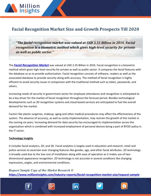 Facial Recognition Market Size and Growth Prospects Till 2020