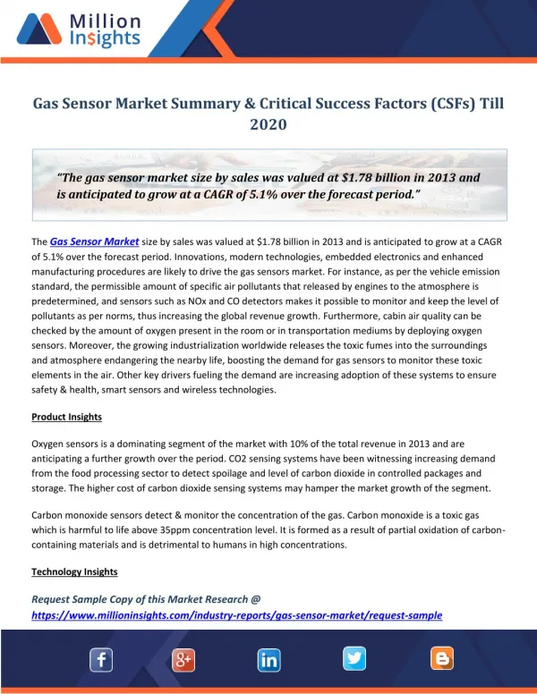 Gas Sensor Market Summary & Critical Success Factors (CSFs) Till 2020