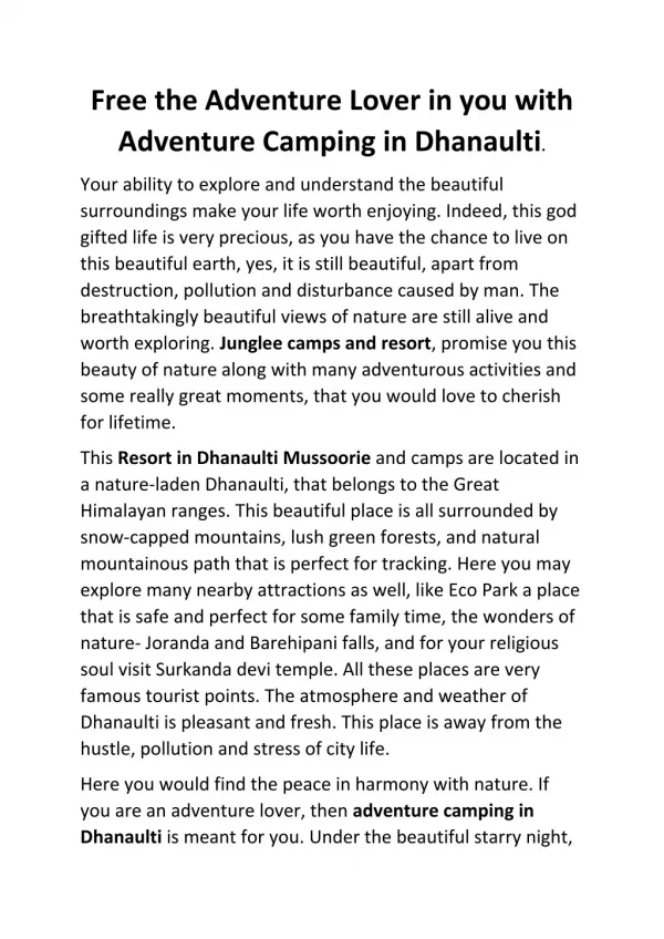 Adventure Camping in Dhanaulti | Junglee Resort