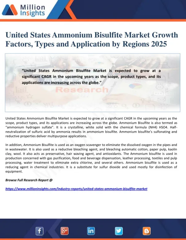 United States Ammonium Bisulfite Market Growth Factors, Types and Application by Regions 2025