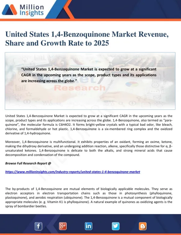 United States 1,4-Benzoquinone Market Revenue, Share and Growth Rate to 2025