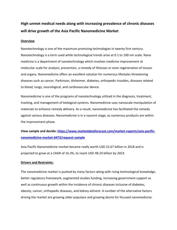 Asia Pacific Nanomedicine Market Industry Analysis, Size, Share, Growth, Trends, And Forecasts (2018–2023)