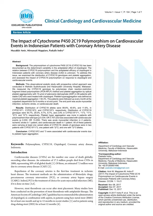 The Impact of Cytochrome P450 2C19 Polymorphism on Cardiovascular Events in Indonesian Patients with Coronary Artery Di