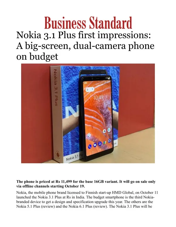 Nokia 3.1 Plus first impressions: A big-screen, dual-camera phone on budget