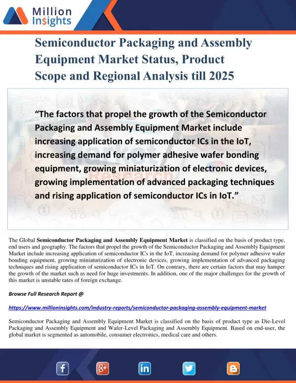 Semiconductor Packaging and Assembly Equipment Market Status, Product Scope and Regional Analysis till 2025