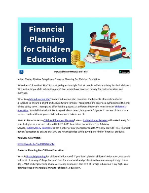 Indian Money Review Bangalore - Financial Planning For Children Education