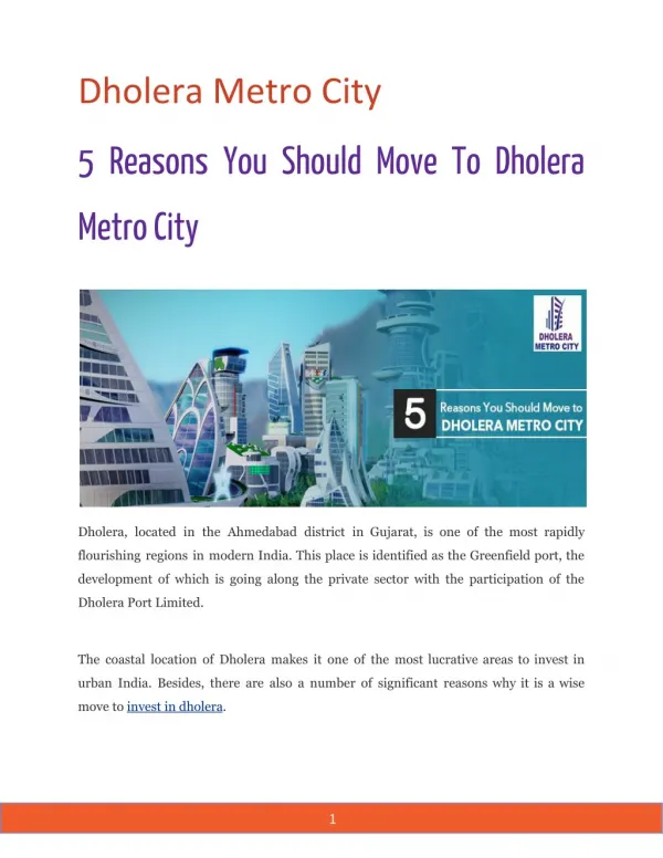 5 Reasons You Should Move To Dholera Metro City