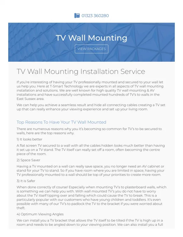 TV Wall Mounting East Sussex | T-Smart Technology