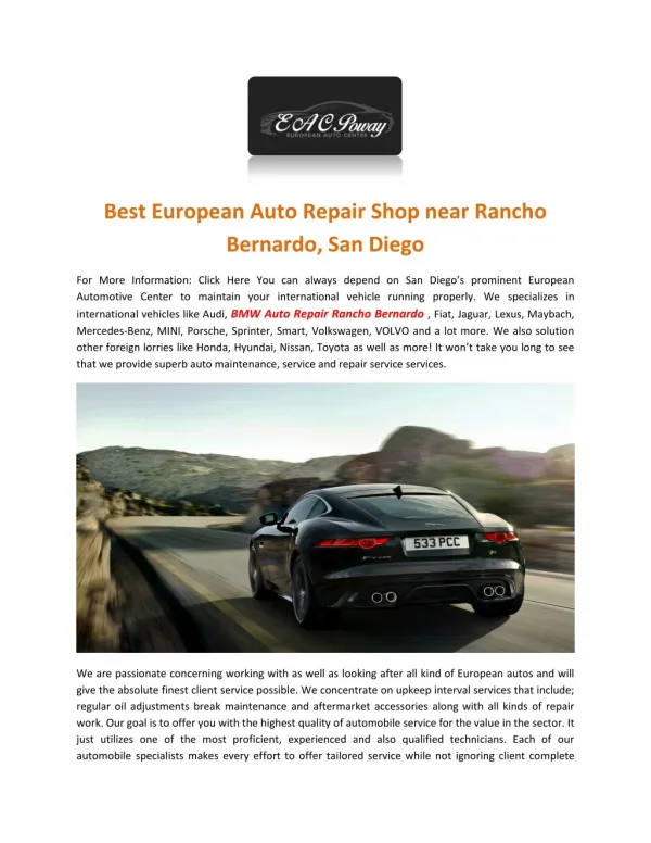 Mercedes Mechanics and auto repair services in Rancho Bernardo