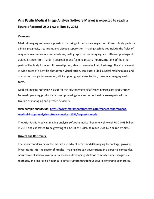 Asia Pacific Medical Image Analysis Software Market is at the cusp of crossing USD 1.02 billion by 2018-2023 | Market Da