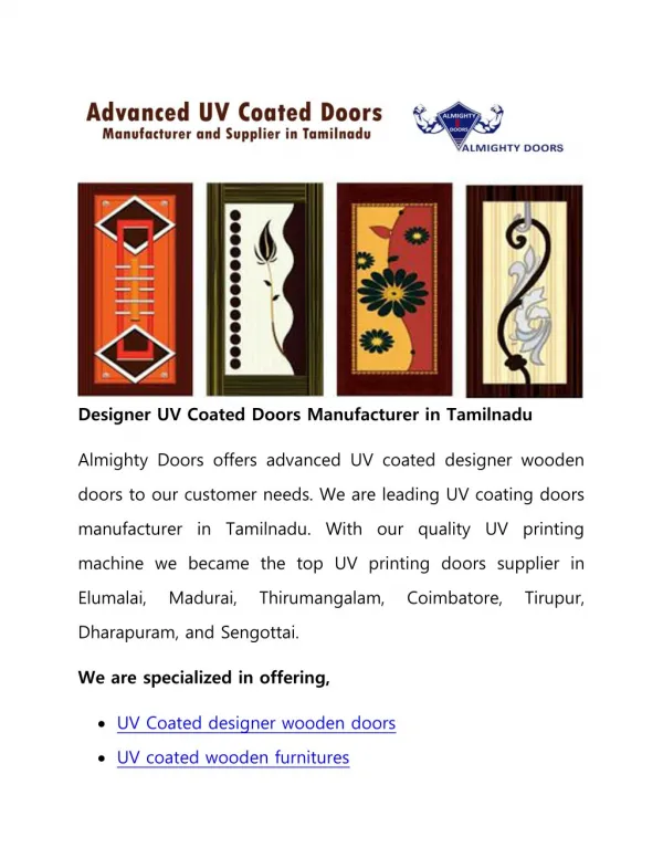 Designer UV Coated Doors Manufacturer in Tamilnadu