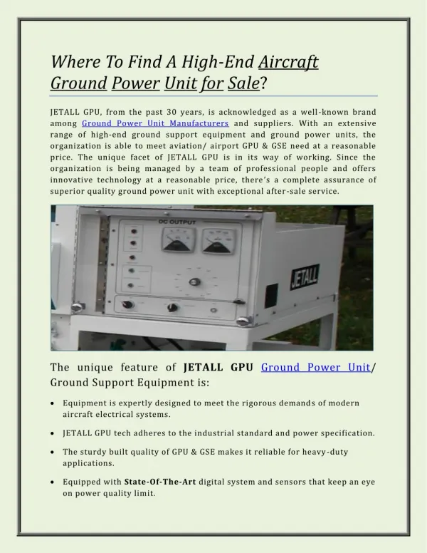 Aircraft Ground Power Unit for Sale -JETALL GPU