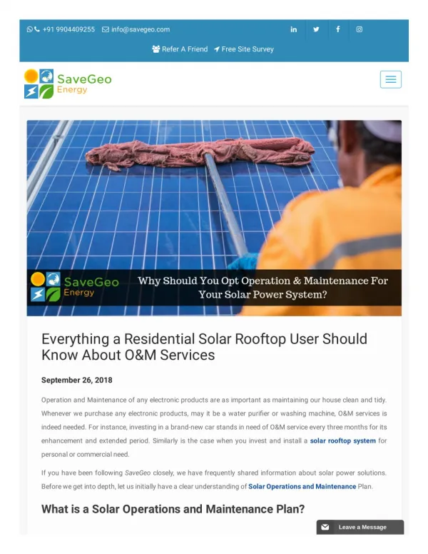 Everything a Residential Solar Rooftop User Should Know About O&M Services