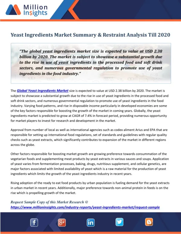 Yeast Ingredients Market Summary & Restraint Analysis Till 2020