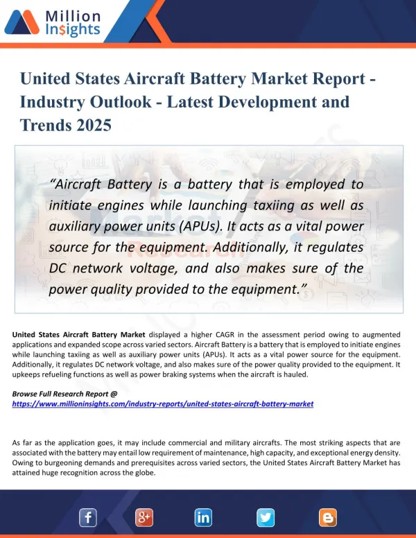 United States Aircraft Battery Market - Industry Analysis, Size, Share, Growth, Trends, and Forecasts 2025