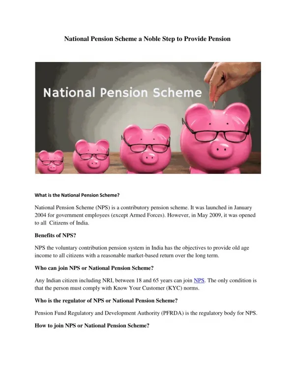 National Pension Scheme a Noble Step to Provide Pension