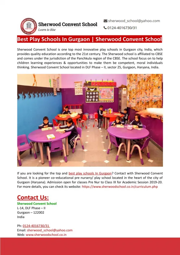 Best Play Schools In Gurgaon-Sherwood Convent School