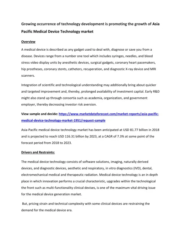 Asia-Pacific Medical Device Technology Market Industry Analysis, Size, Share, Growth, Trends And Forecasts (2018-2023)