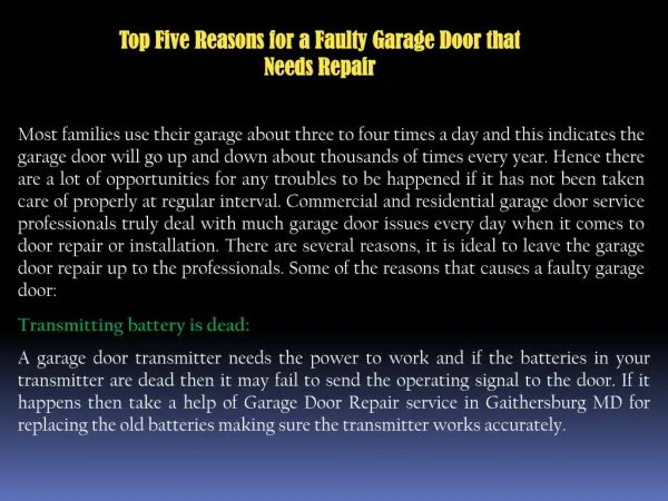 Top Five Reasons for a Faulty Garage Door that Needs Repair