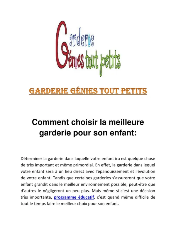 Garderie Génies Tout Petits | Meilleure Garderie en Ville | Contactez Nous | Bouquez Votre Visite