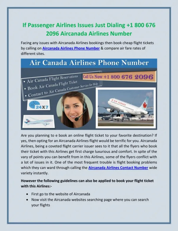 If Passenger Facing Travel Issues Call at Air Canada Airlines Number 1 800 676 2096