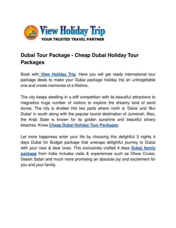 Dubai Tour Package - Cheap dubai holiday tour packages