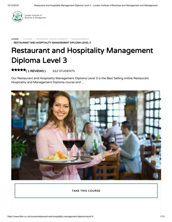 Restaurant and Hospitality Management Diploma Level 3 - LIBM