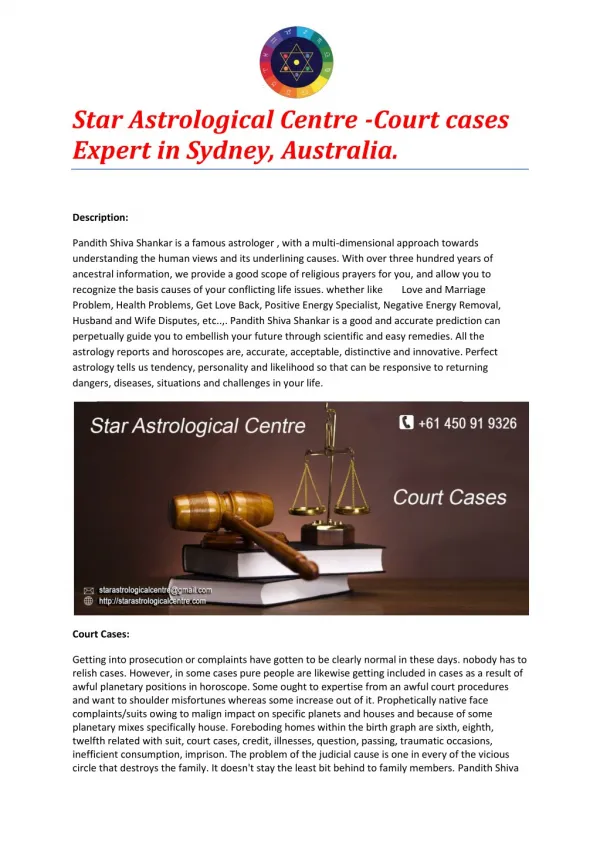 Star Astrological Centre -Court cases Expert in Sydney, Australia.