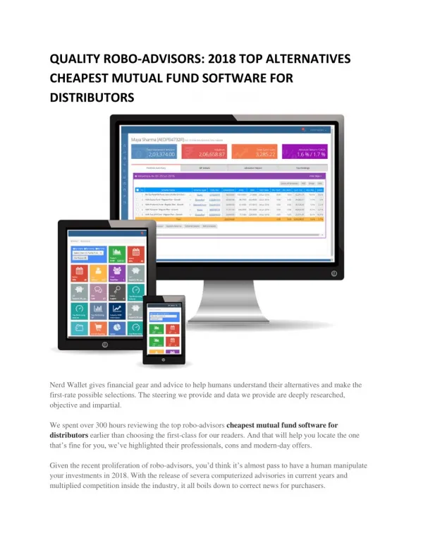 QUALITY ROBO-ADVISORS: 2018 TOP ALTERNATIVES CHEAPEST MUTUAL FUND SOFTWARE FOR DISTRIBUTORS ​