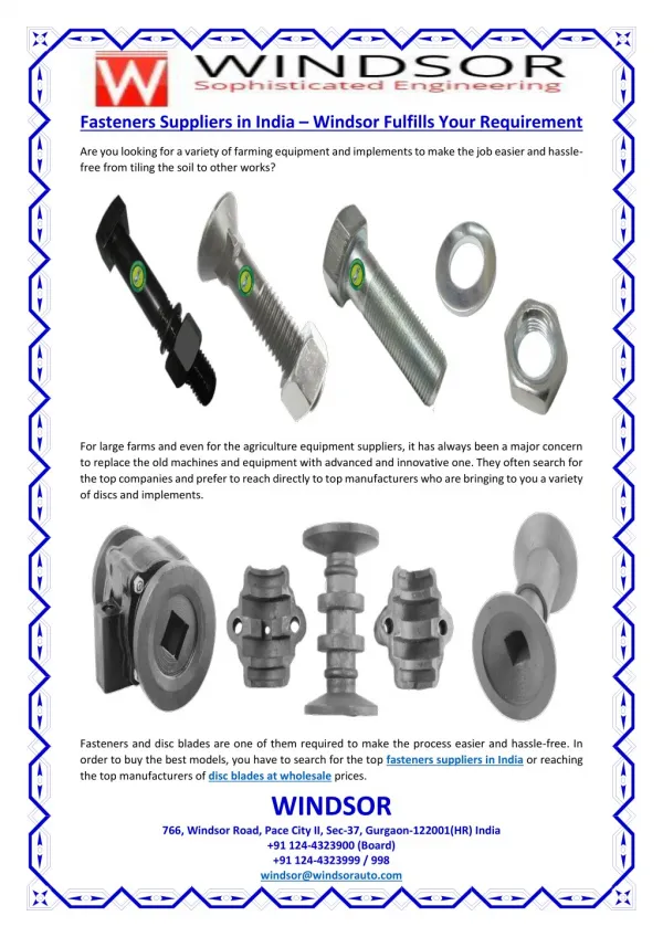 Fasteners Suppliers in India – Windsor Fulfills Your Requirement