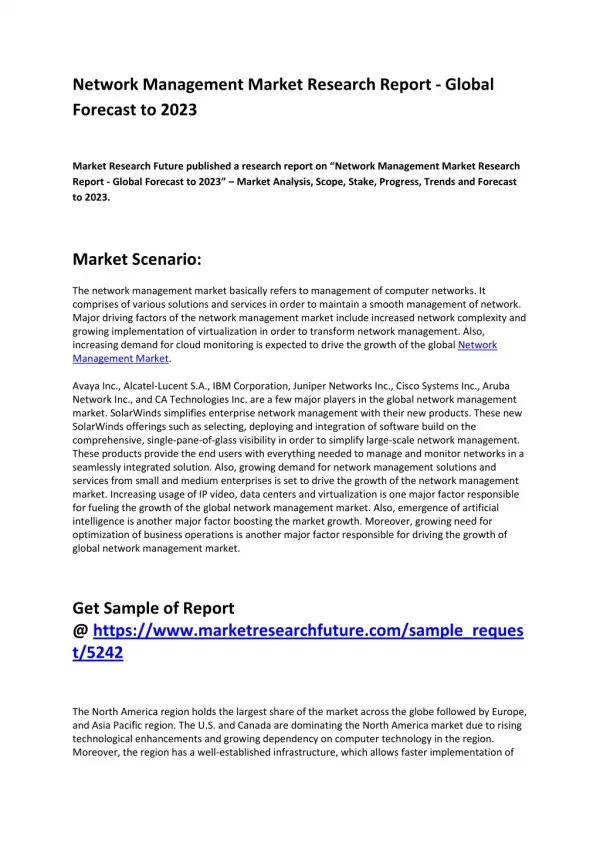 Network Management Market to Rear Excessive Growth during 2018 - 2023