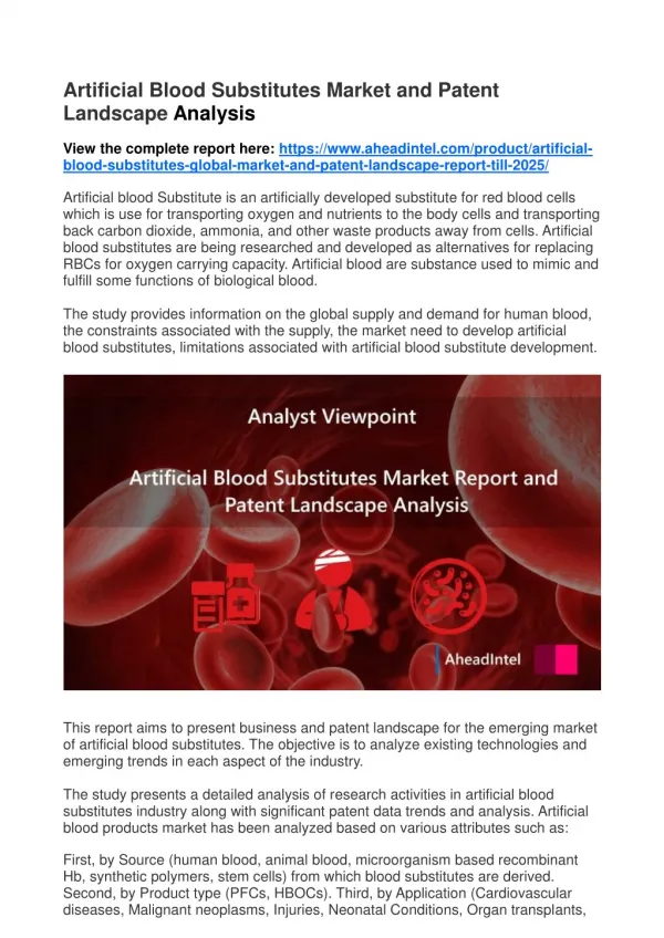 Artificial Blood Substitutes Market and Patent Landscape Analysis