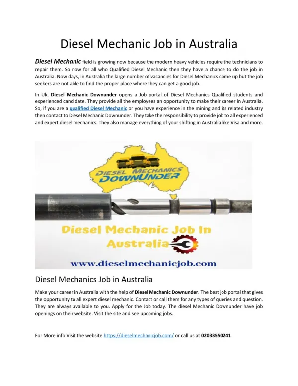 Diesel Mechanics Job in Australia
