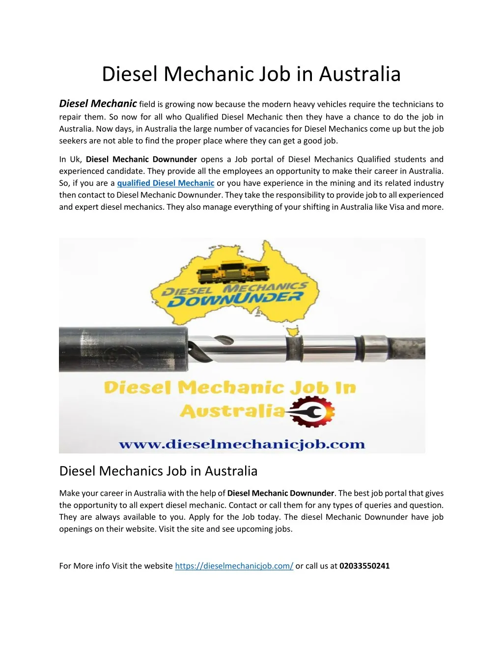 diesel mechanic job in australia