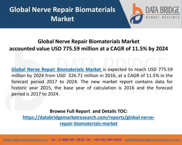 Global Nerve Repair Biomaterials Market is expected to reach USD 775.59 million by 2024 from USD  326.71 million in 2016