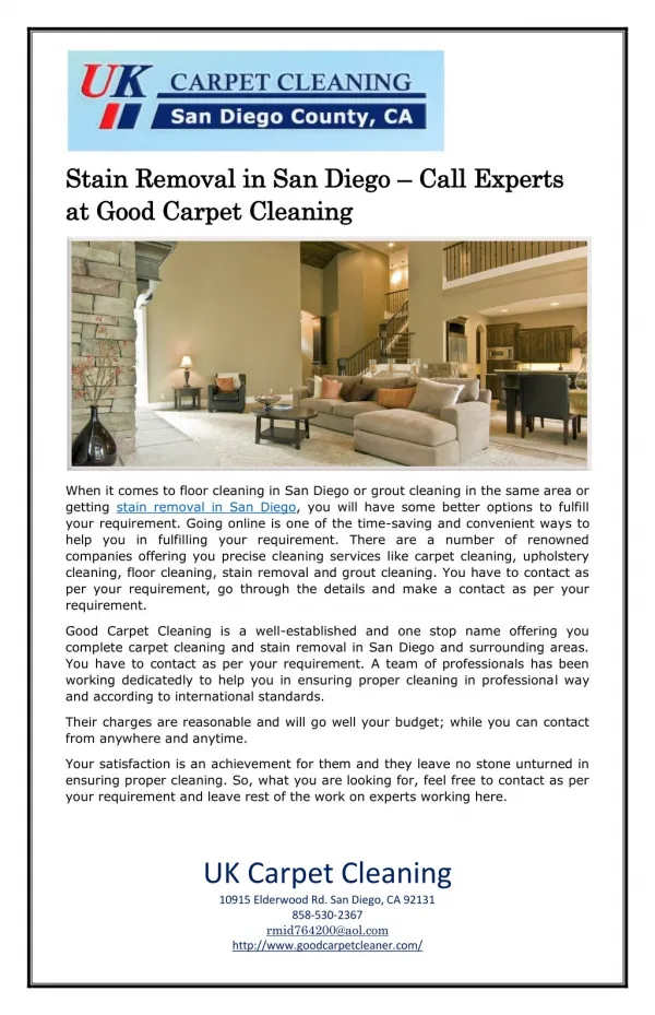 Stain Removal in San Diego – Call Experts at Good Carpet Cleaning