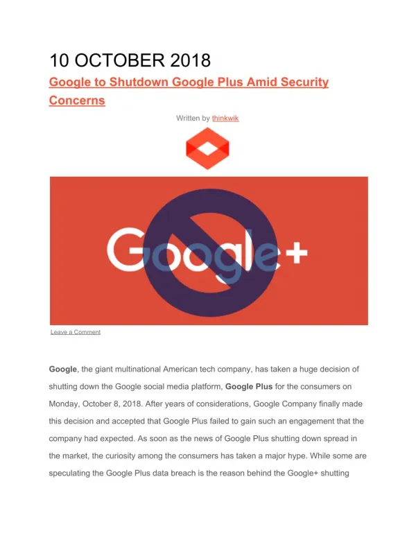 Google to Shutdown Google Plus Amid Security Concerns
