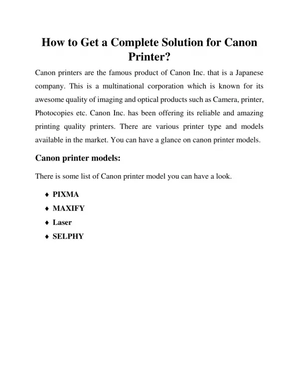 Customer Care Support Service for Canon Printer by Experts