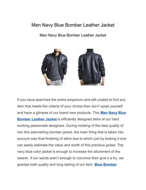 Men Navy Blue Bomber Leather Jacket
