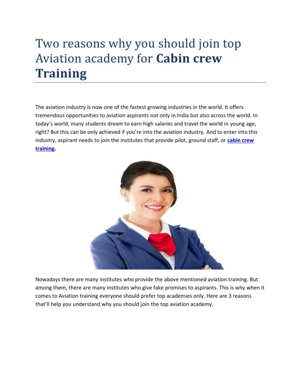 Two reasons why you should join top Aviation academy for Cabin crew Training