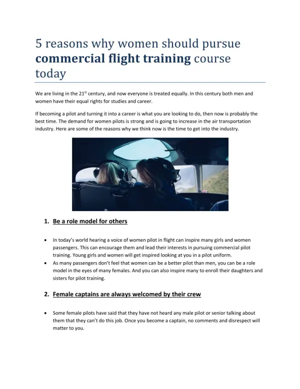 5 reasons why women should pursue commercial flight training course today