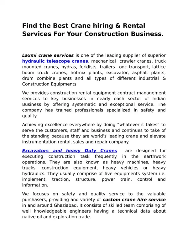 Find the Best Crane hiring & Rental Services For Your Construction Business.