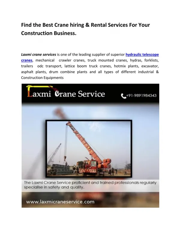 Find the Best Crane hiring & Rental Services For Your Construction Business.