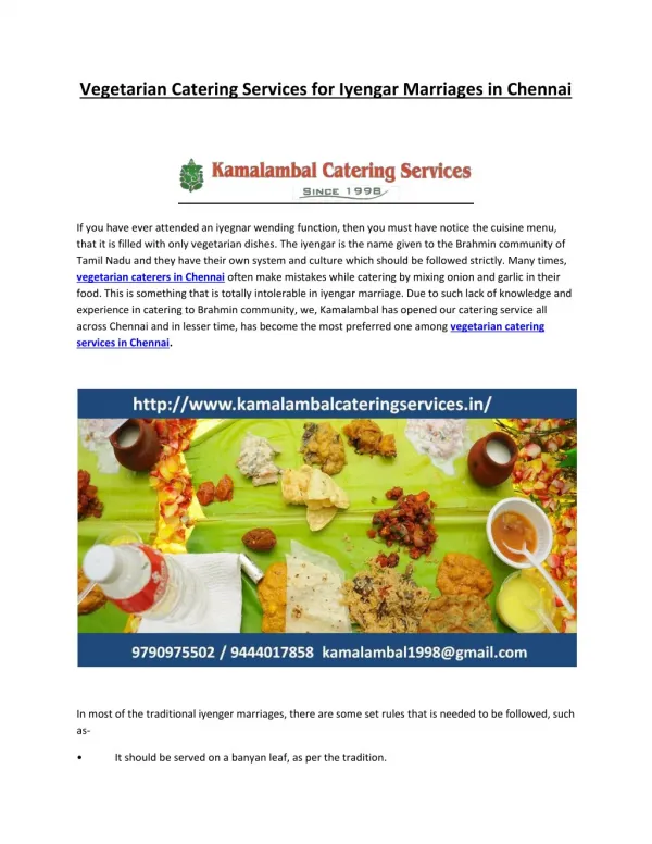 Vegetarian Catering Services for Iyengar Marriages in Chennai