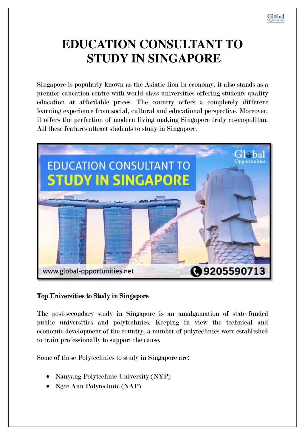 education consultant to study in singapore