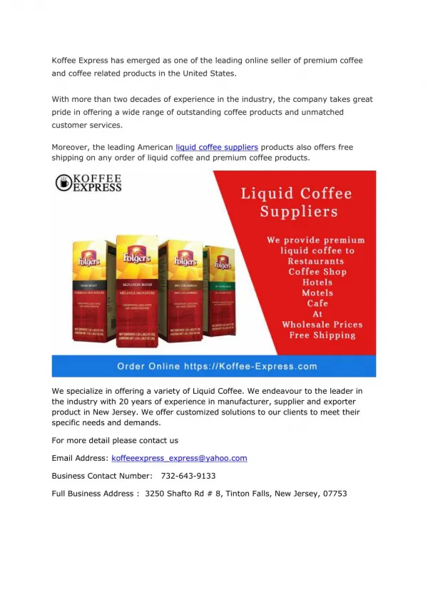 liquid coffee suppliers products for coffee shop hotels